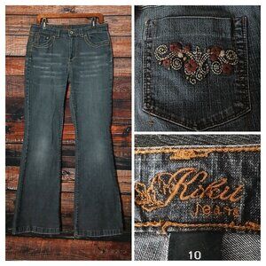 Kikit Vintage Jeans 10 Boot Cut Mid Rise Y2K Embroidered Washed Black Denim